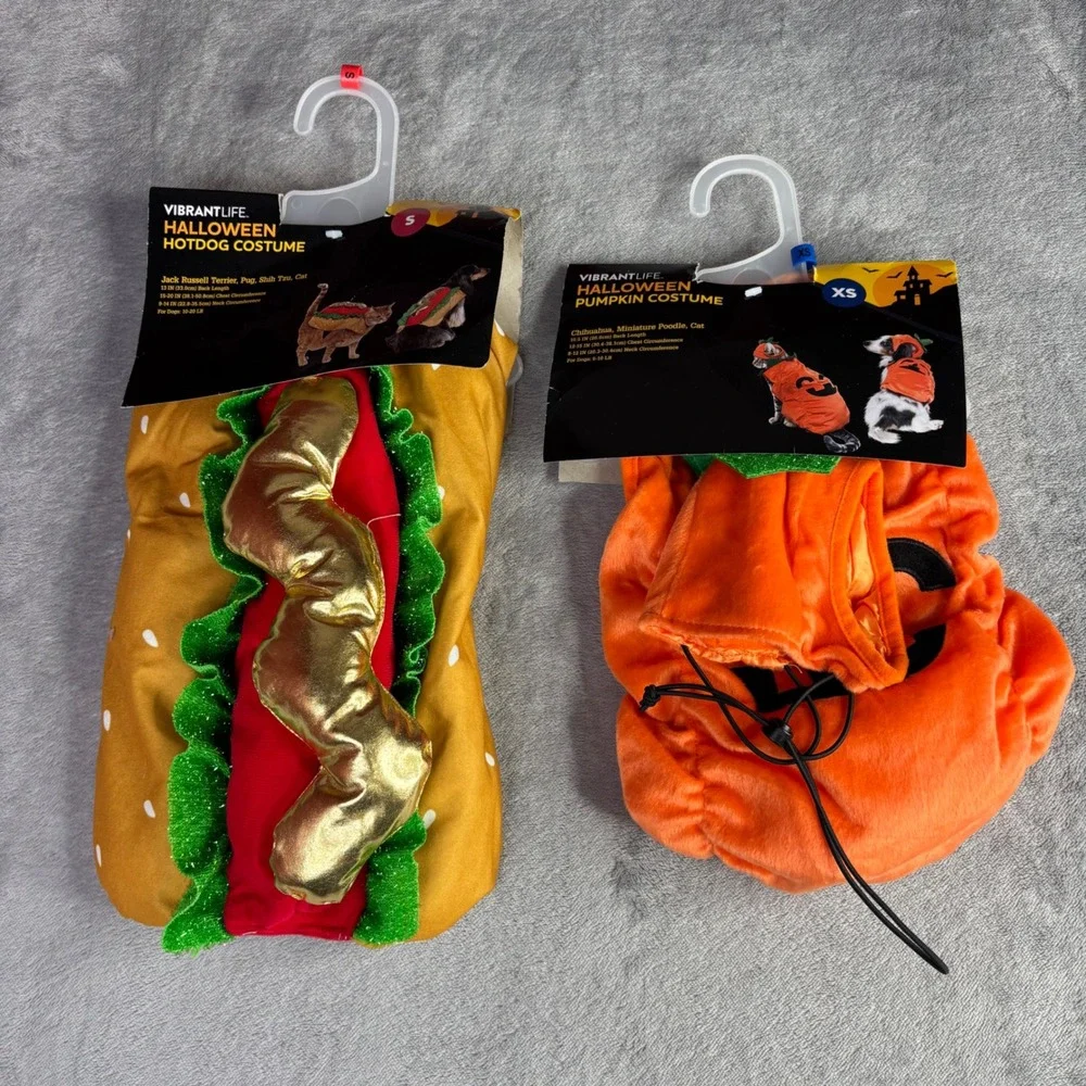 Vibrant Life Halloween Pet Costume Bundle Pumpkin XS Hotdog S Dog Cat New